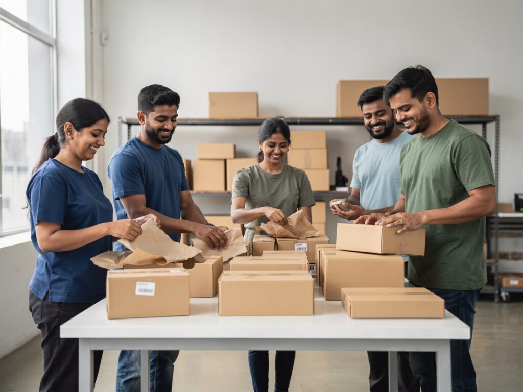 Staff packing parcels in a clean fulfilment room