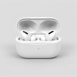 White wireless earbuds with charging case